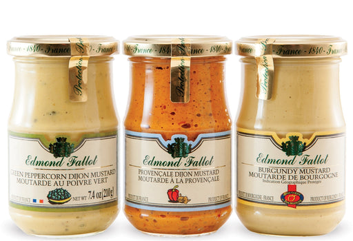3 jars of Green Peppercorn mustard, Burgundy mustard, Provencal mustard