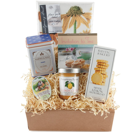 Gift Box with Paris Tea Tin, Lemon Curd, Cotton Tea Towel, Organic Scottish Lemon Melts Cookies, French Mints Tin, Invitation to Tea