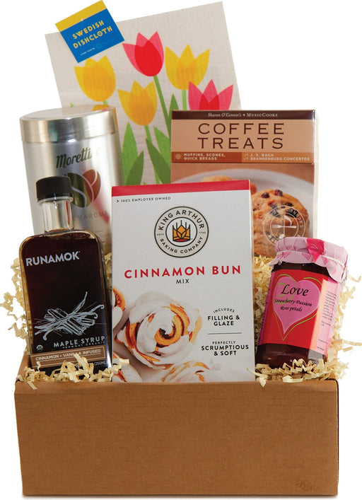 Gift Box with Cinnamon Bun, Gourmet Italian Ground Coffee, French Jam, Swedish Dish Cloth, Coffee Treats with recipes and music.