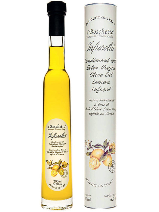Tall bottle of lemon infused olive oil from Italy