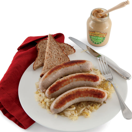 Bratwurst Kit includes: 3 fully cooked, 100% pork Bratwurst Sausages (12 oz pack); One jar (16 oz) naturally fermented Sauerkraut; One jar (8 oz) Stoneground Mustard.