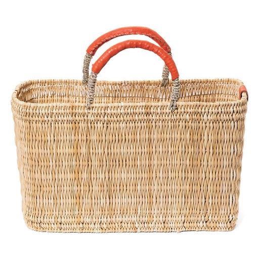 Woven tote with leather trimmed handles