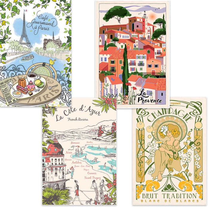 Four French Kitchen Towels - Cafe Gourmand, La Côte d’Azur, Champagne, and Provence Village