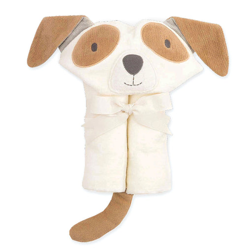 Bath towel for babies or toddlers with a puppy faced hood and little tail