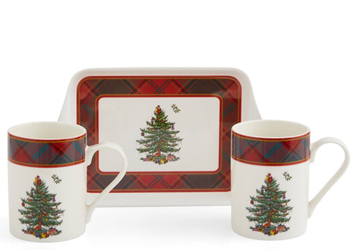 Spode Tartan Christmas set,  Two Mugs and a Tray