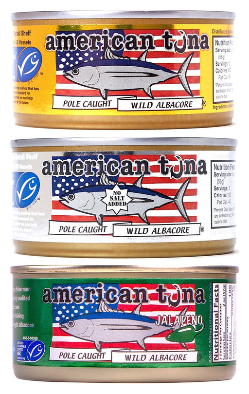 American Tuna, set of three cans, no salt, sea salt and jalepeño
