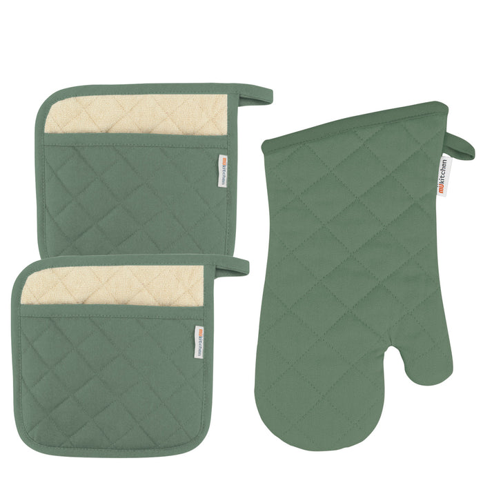 Kitchen Oven Mitt and Two Potholder Set - Green