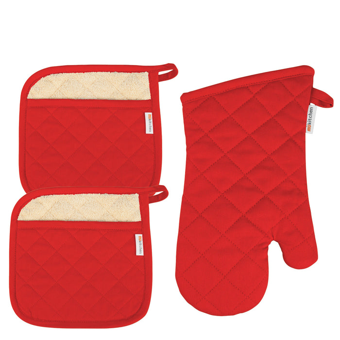 Kitchen Oven Mitt and Two Potholder Set - Red