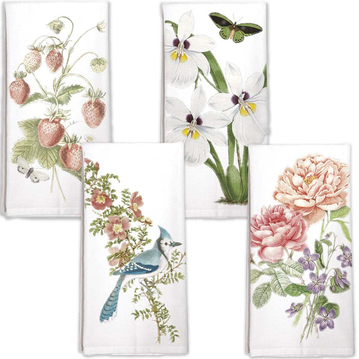 Four Kitchen Towels - Strawberries, Butterfly, Bluebird, Peonies and Violets