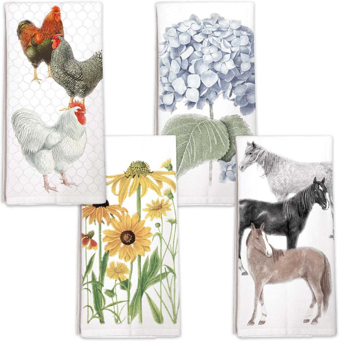 Four Kitchen Towels - Chickens, Blue Hydrangea, Yellow Flowers, Horses