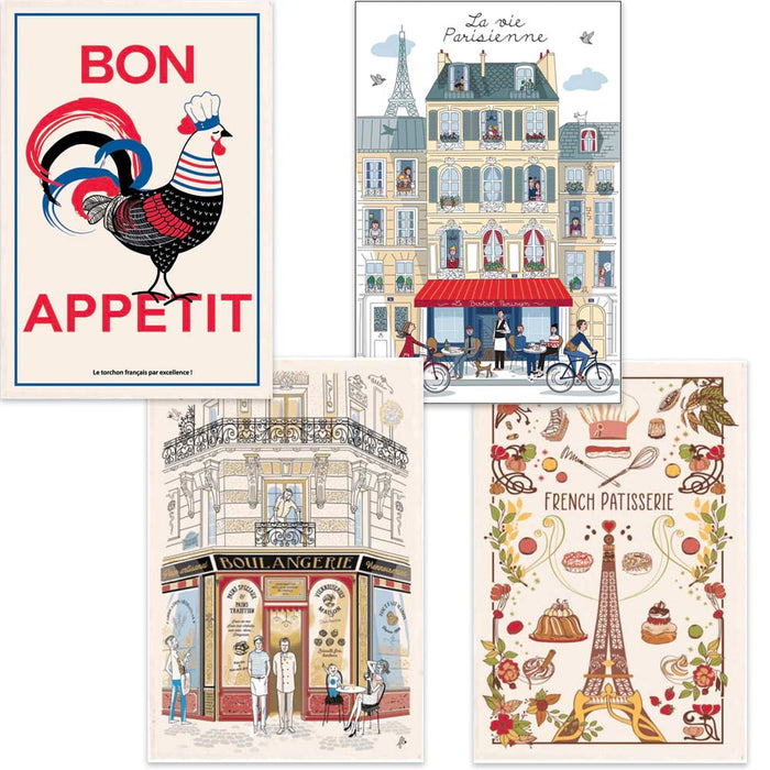French Kitchen Towels - Bon Appétit Rooster, La Vie Parisienne, Boulangerie, and French Patisserie