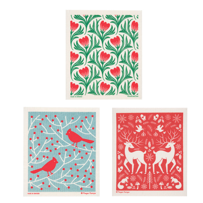 Swedish Dishcloth Set - Tulip Garden, Cardinal Branch, Two Deer