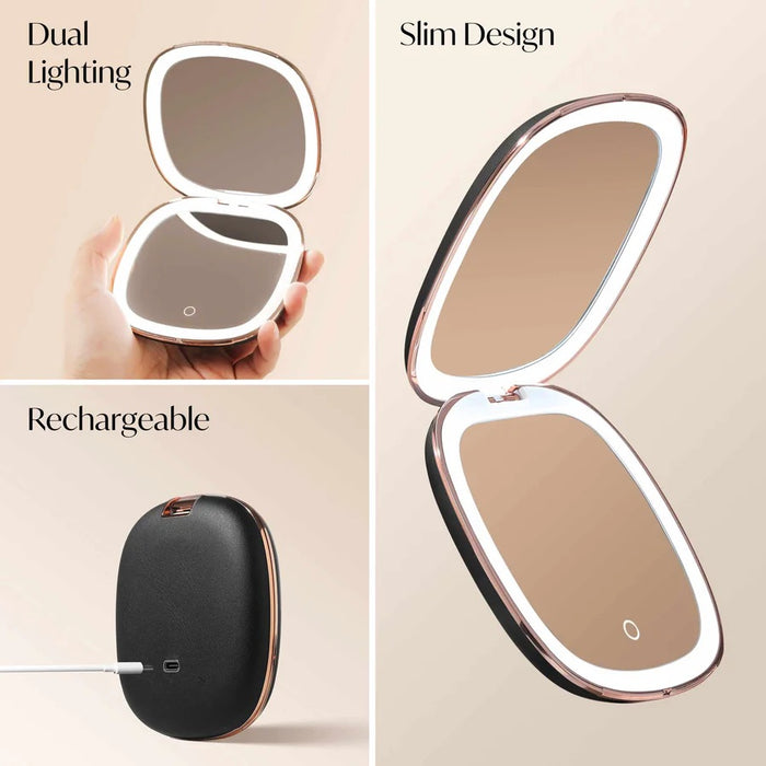 Mila Compact Mirror, Rechargeable LED Lights - Midnight Majesty