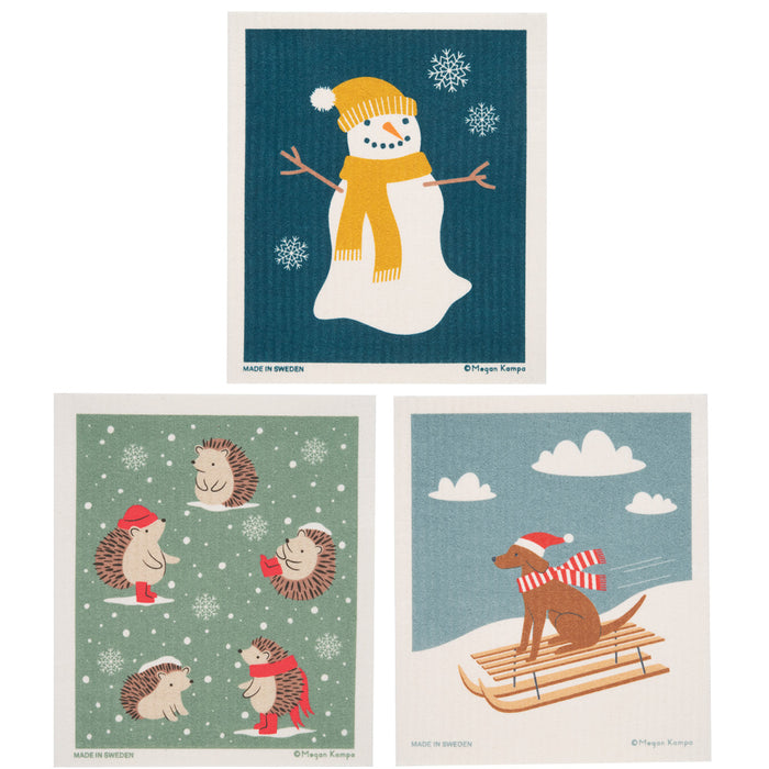 Swedish Dish Cloth Set - Snowman, Hedgehogs, Dog on Sled