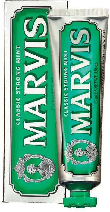 Tube of Marvis Strong Mint Toothpaste and box