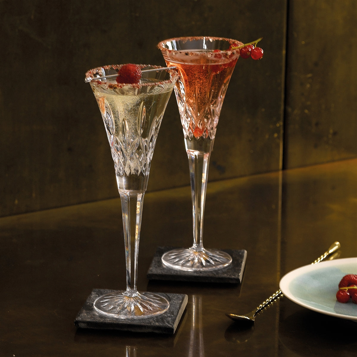 Two Gift-Boxed Waterford Crystal Champagne Flutes, Lismore pattern, 2.5" W x 8.75" T