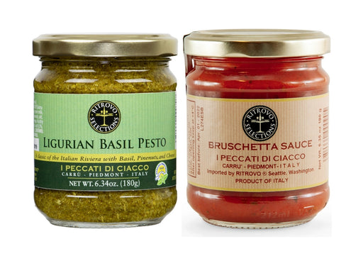 Jars of tomato Bruschetta Sauce and Ligurian Basil Pesto