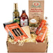 Gourmet Italian pasta dinner box with Bellini drinks, Italian olives, tomato sauce,  olive oil, dried pasta, Parmesan cheese,  chocolate biscotti cookies, a menu and recipes.