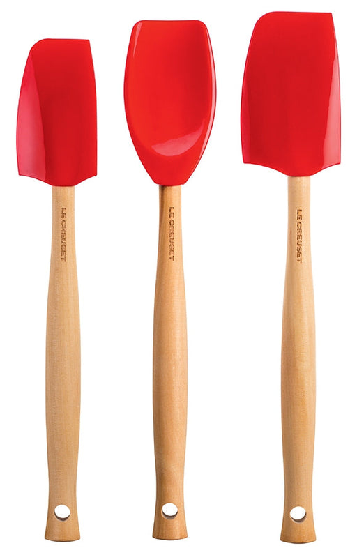 3 Le Creuset Red Silicone Spatulas with Wooden Handles