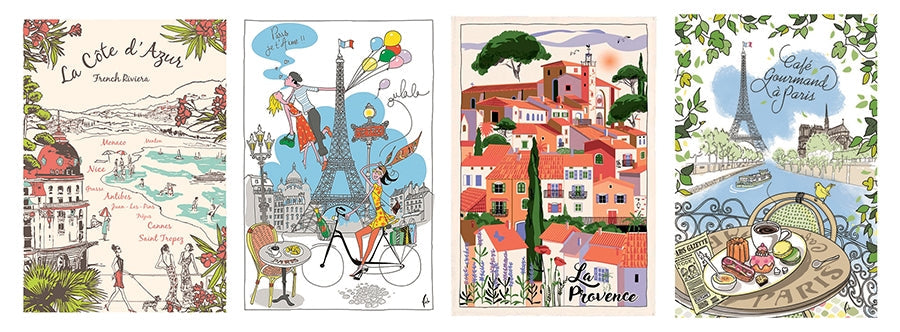4 French kitchen towels with printed artwork