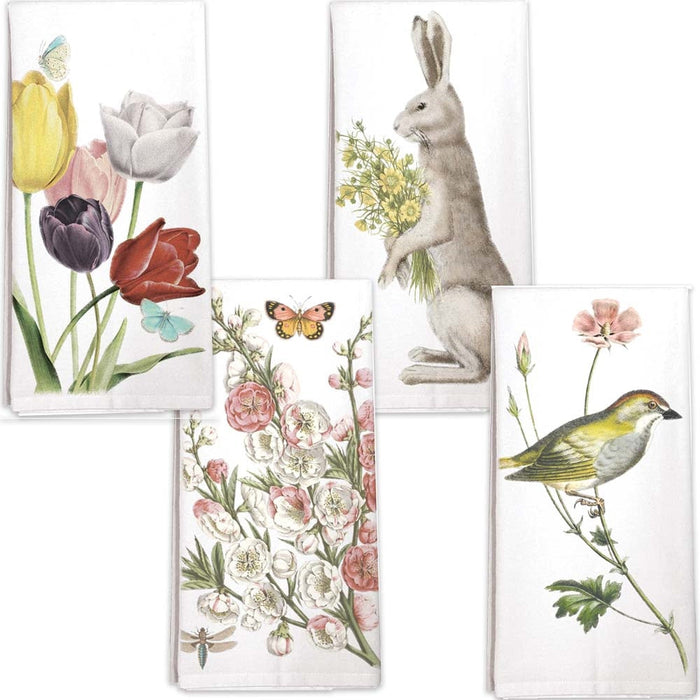 Four Kitchen Towels - Tulips, Bunny, Bird and Flower, and Flower with Butterfly