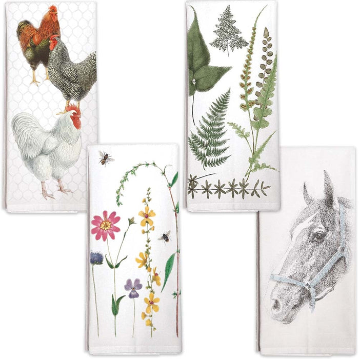 Four Kitchen Towels - Chickens, Ferns, Bee with Flowers, and Horse