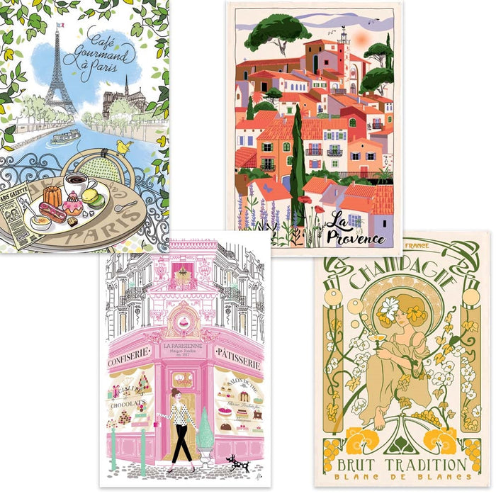 Four French Kitchen Towels - Cafe Gourmand, Provence Village, Patisserie and Champagne