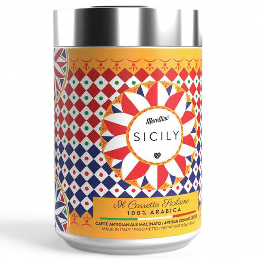 Sicily Coffee in a vacuum-packed bag in a colorful, geometric tin