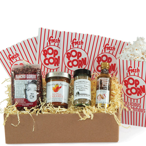 Gift box with heirloom popcorn, toppings and popcorn boxes