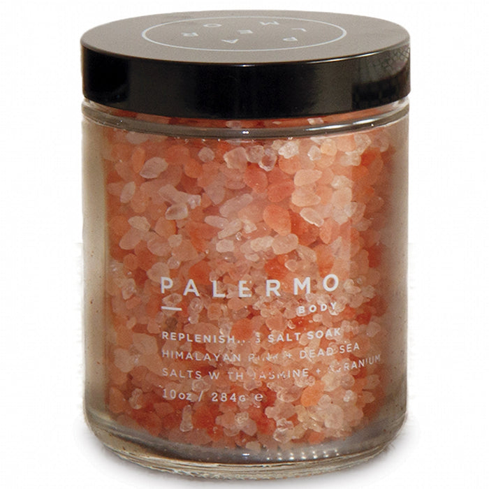 Palermo Replenishing Salt Soak in a glass jar