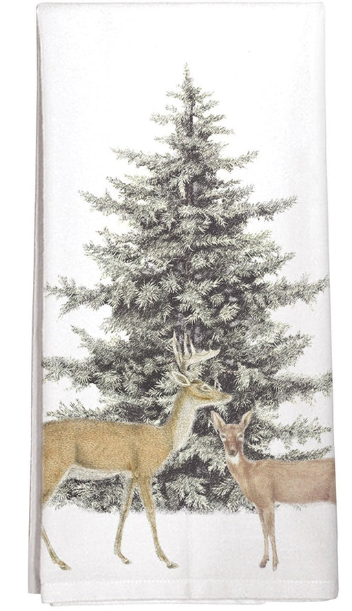 Two Deer Kitchen Towel - two deer in front of a conifer