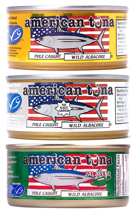 American Tuna, set of three cans, no salt, sea salt and jalepeño