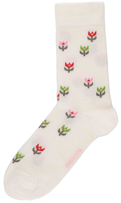 Tulip Socks, White with Colored Tulips, Large, for Women